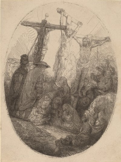 İki Hırsız Arasında Çarmıha Gerilmiş İsa: Bir Oval Plaka, c. 1641. by Rembrandt van Rijn