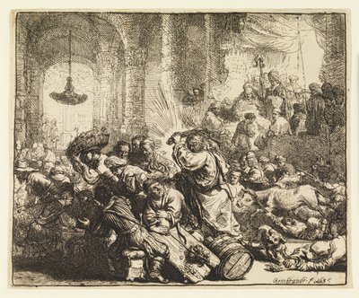 Mesih, Para Değiştirenleri Tapınaktan Sürerken by Rembrandt van Rijn