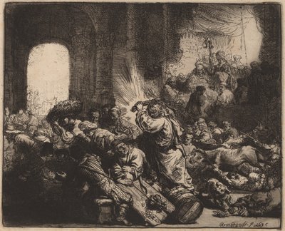 Mesih, Para Değiştiricileri Tapınaktan Sürerken by Rembrandt van Rijn
