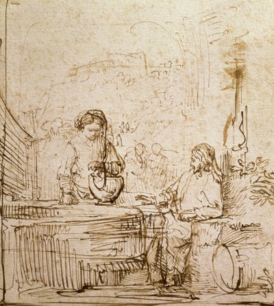 İsa ve Samiriyeli Kadın (kağıt üzerine kalem ve kahverengi mürekkep) by Rembrandt van Rijn