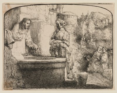 İsa ve Samiriyeli Kadın: Kemerli Bir Baskı by Rembrandt van Rijn