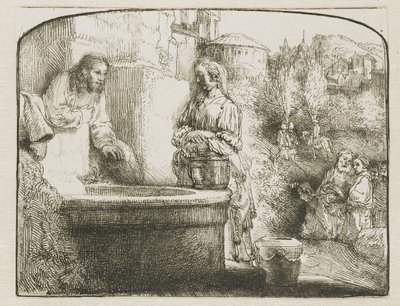 İsa ve Samiriyeli kadın: kemerli bir baskı by Rembrandt van Rijn