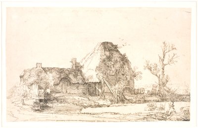 Bir adam eskiz ile yazlık ve çiftlik binaları by Rembrandt van Rijn