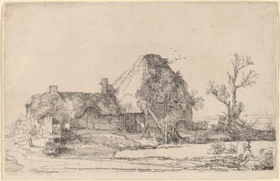 Bir Adam Çizimi ile Kulübeler ve Çiftlik Binaları by Rembrandt van Rijn