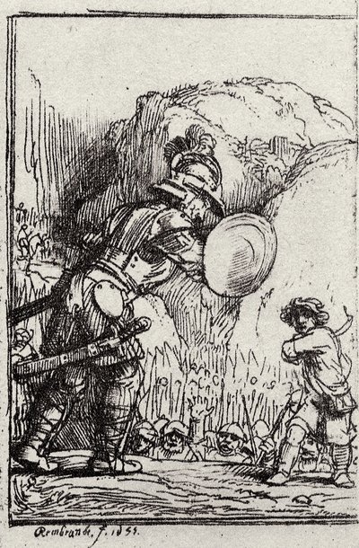 David ve Goliath. Menasseh ben İsrail tarafından Piedra gloriosa için illüstrasyon by Rembrandt van Rijn