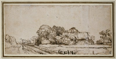 Bir Yolun Yanındaki Çiftlik Binaları (kahverengi cilalı kalem ve kahverengi mürekkep) by Rembrandt van Rijn