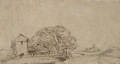 Uzak bir çiftlik evinin olduğu bir yolun yanında çiftlik binası, 1650-69 (kağıt üzerinde gri yıkama ile kalem ve kahverengi mürekkep) by Rembrandt van Rijn