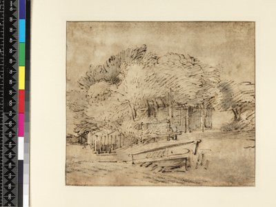 Ağaçların altında bir yaya köprüsü bulunan çiftlik evi, c.1650 (kağıt üzerinde yıkamalı kalem ve mürekkep) by Rembrandt van Rijn