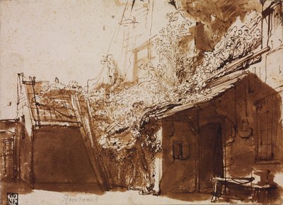Işık ve Gölgede Çiftlik Evi by Rembrandt van Rijn