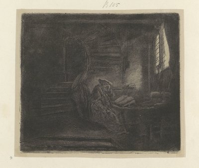 Hieronymus in een donker studeervertrek Seksen beş orijinal baskının toplanması (seri başlığı) by Rembrandt van Rijn