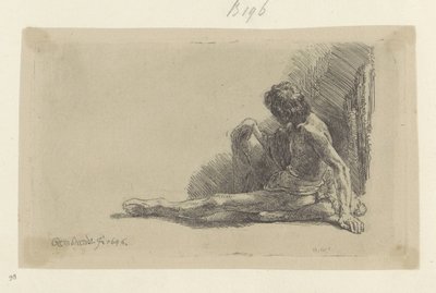 Uzatılmış bir bacak ile yerde oturan genç adam Recueil de quatre-vingt-cinq orijinalleri estampes (seri başlığı) by Rembrandt van Rijn