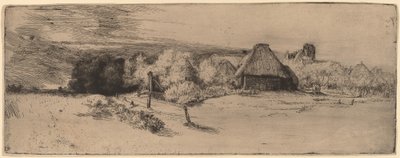 Ağaçlar, Çiftlik Binaları ve Kule ile Manzara by Rembrandt van Rijn