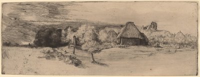 Ağaçlar, Çiftlik Binaları ve Kule ile Manzara by Rembrandt van Rijn