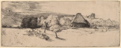 Ağaçlar, Çiftlik Binaları ve Kule ile Peyzaj, c. 1651. by Rembrandt van Rijn