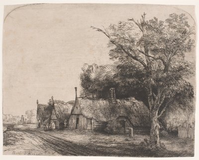 Bir yolun yanında üç üçgen kulübe ile manzara by Rembrandt van Rijn