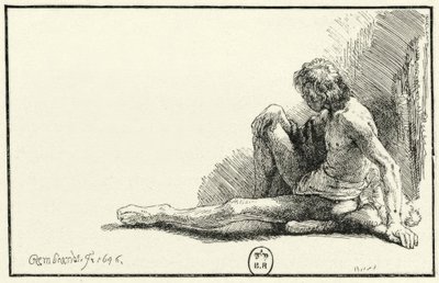 Yerde oturan erkek çıplak by Rembrandt van Rijn