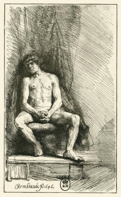 Erkek çıplak, oturma by Rembrandt van Rijn