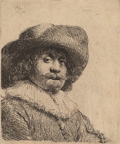Geniş Kenarlı Şapkalı Adam, muhtemelen 1638. by Rembrandt van Rijn