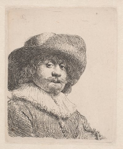 Geniş kenarlı şapkalı ve fırfırlı adam by Rembrandt van Rijn