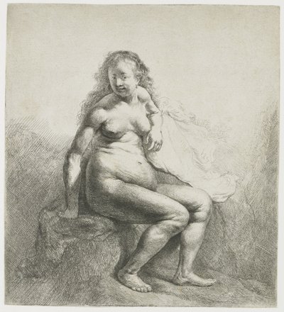 Bir höyük üzerinde çıplak kadın by Rembrandt van Rijn