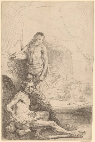 Çıplak Adam Oturmuş ve Çıplak Adam Ayakta, Arkada Bir Kadın ve Bebekle by Rembrandt van Rijn