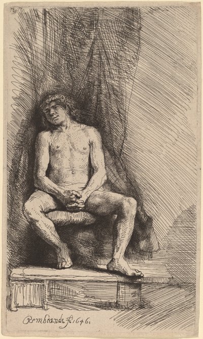 Perdenin Önünde Oturan Çıplak Adam by Rembrandt van Rijn