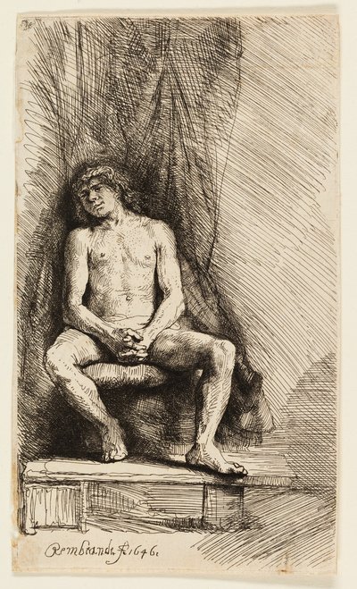 Perdenin Önünde Oturan Çıplak Adam by Rembrandt van Rijn