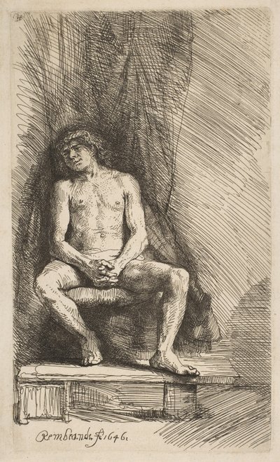 Perdenin Önünde Oturan Çıplak Adam, 1646. by Rembrandt van Rijn