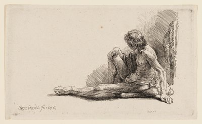 Çıplak Adam Yerde Oturmuş Tek Bacağını Uzatmış by Rembrandt van Rijn