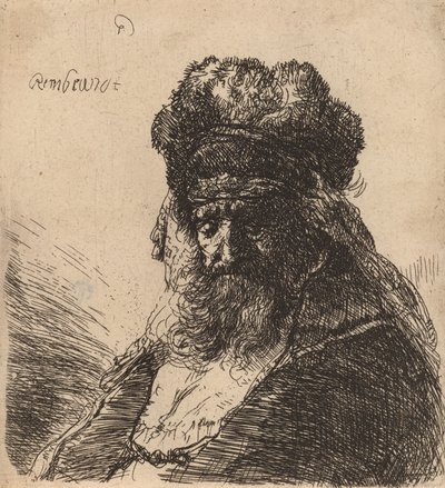 Yüksek Kürklü Şapkalı Yaşlı Sakallı Adam, Gözleri Kapalı, c. 1635. by Rembrandt van Rijn