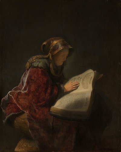 Yaşlı Kadın Okuma, Muhtemelen Peygamber Anna Okuyan Yaşlı Bir Kadın, Muhtemelen Peygamber Hannah by Rembrandt van Rijn