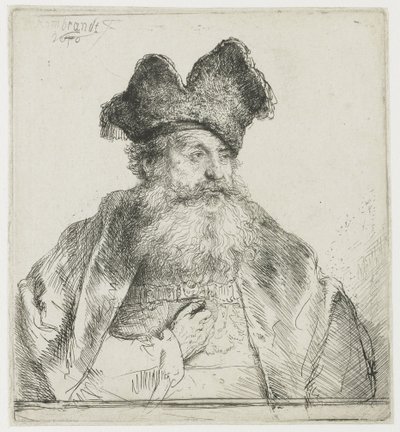 Bölünmüş kürk şapkalı yaşlı adam by Rembrandt van Rijn