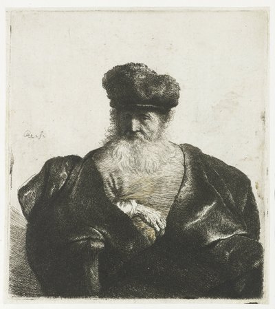 Sakallı, kürklü şapkalı ve kadife pelerinli yaşlı adam by Rembrandt van Rijn