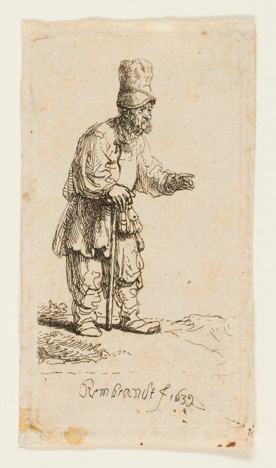Yüksek Şapkalı Köylü, Bir Çubuğa Yaslanmış Ayakta by Rembrandt van Rijn
