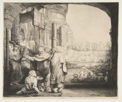 Peter ve John, Tapınağın Kapısında Sakatları İyileştirir, 1659. by Rembrandt van Rijn