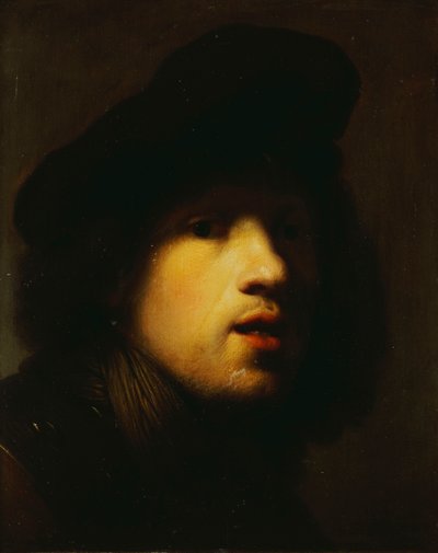 Sanatçının portresi, baş ve omuzlar, siyah bir bere ve bir gorget içinde by Rembrandt van Rijn
