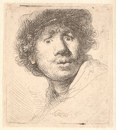Şapkalı Rembrandt, ağzı açık ve bakıyor: ana hatlarıyla büstü by Rembrandt van Rijn