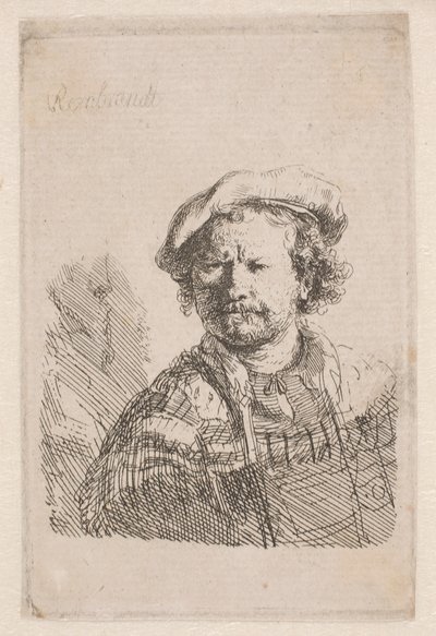Omuzlarında bir şal ile düz bir şapka içinde Rembrandt by Rembrandt van Rijn