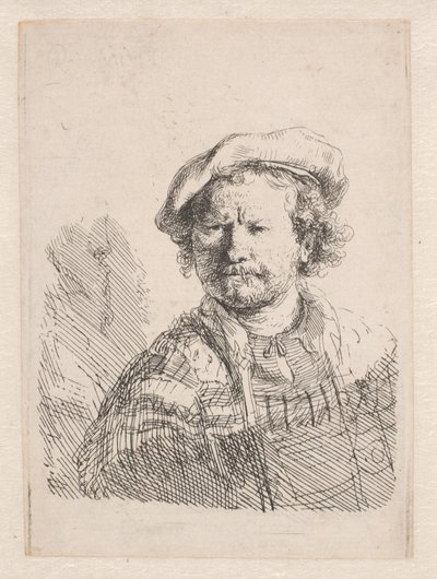 Omuzlarında bir şal ile düz bir şapka içinde Rembrandt by Rembrandt van Rijn