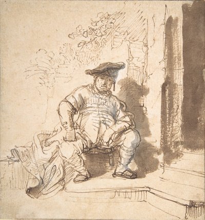 Oturan, Düz Şapkalı Adam, 1635-40. by Rembrandt van Rijn
