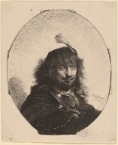 Tüylü Başlıklı ve Alçaltılmış Kılıçlı Otoportre (?) by Rembrandt van Rijn