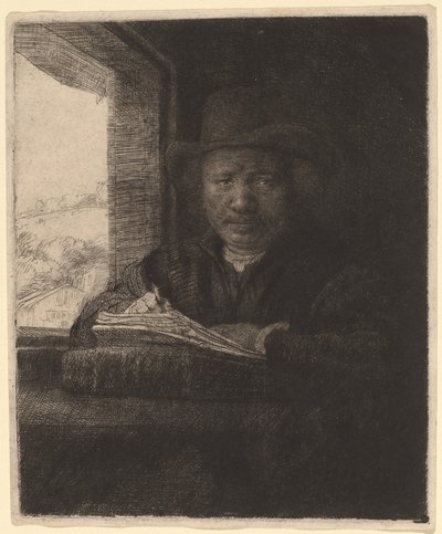 Bir Pencerede Kendi Kendine Portre Çizimi by Rembrandt van Rijn