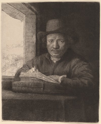 Bir Pencerede Kendi Kendine Portre Çizimi by Rembrandt van Rijn