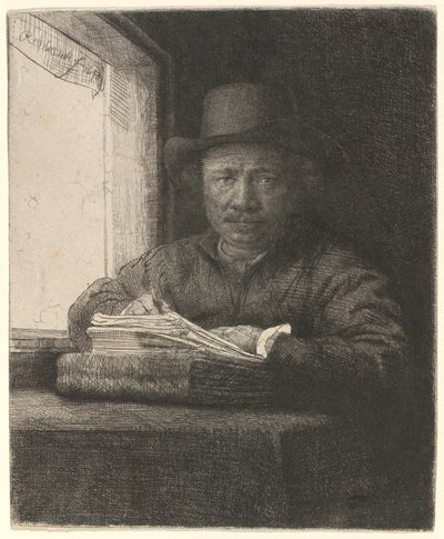 Bir Pencerede Kendi Kendine Portre Çizimi by Rembrandt van Rijn