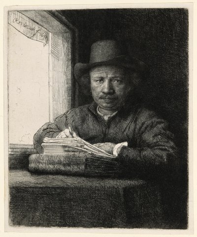 Bir Pencerede Otoportre Gravür by Rembrandt van Rijn