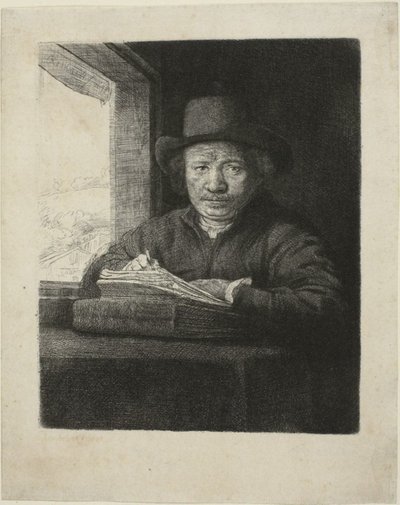 Bir Pencerede Otoportre Gravür by Rembrandt van Rijn