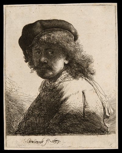 Koyu Yüzlü Şapkalı ve Atkılı Otoportre: Göğüs by Rembrandt van Rijn