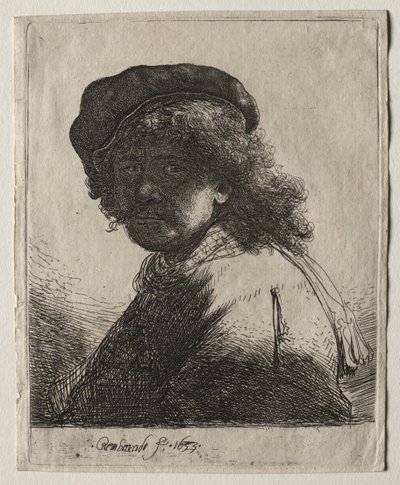 Koyu Yüzlü Şapkalı ve Atkılı Otoportre: Göğüs by Rembrandt van Rijn