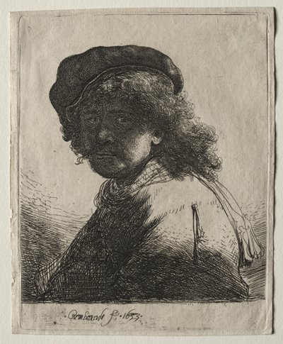 Yüz Karanlık Olan Şapkalı ve Atkılı Otoportre: Göğüs, 1633. by Rembrandt van Rijn