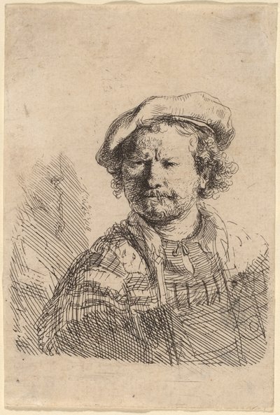 Düz Şapkalı ve İşlemeli Elbiseli Otoportre by Rembrandt van Rijn